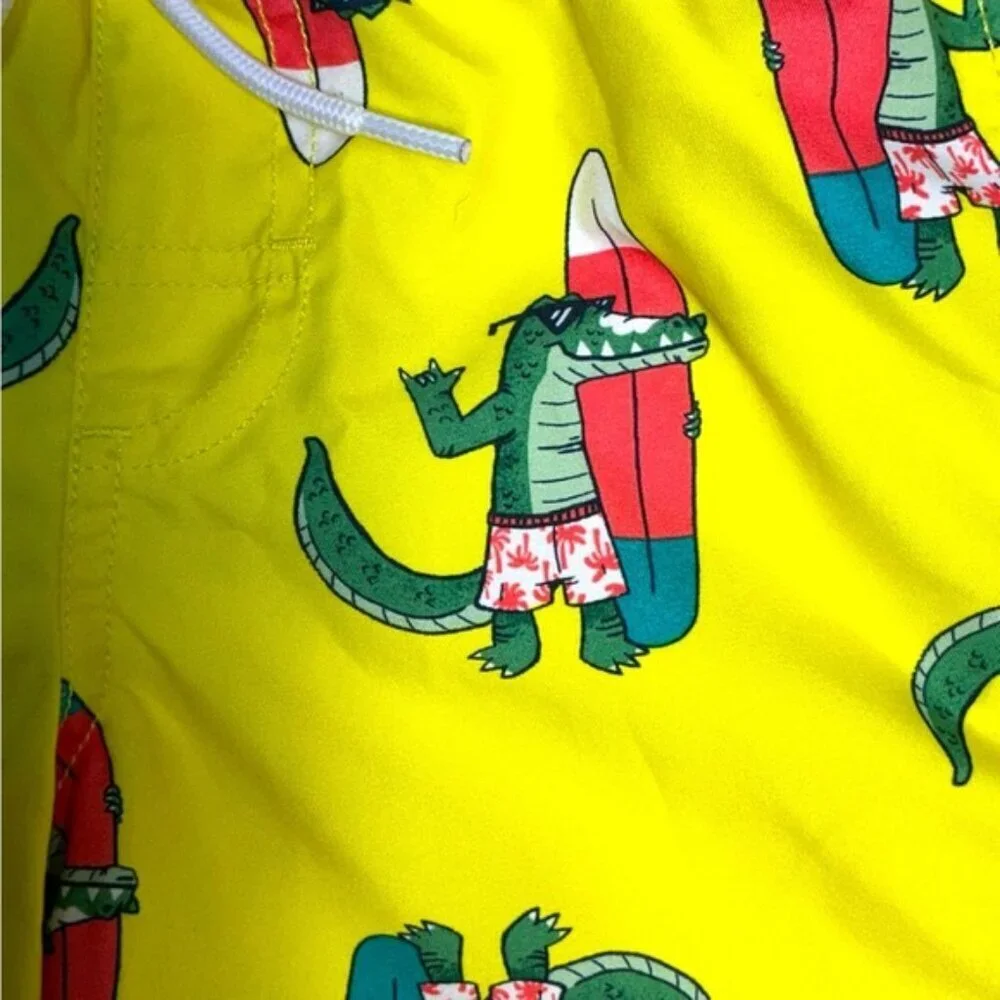 Surfing Alligator Print Swim Shorts Drawstring Lined Quick Dry Kids 6/7